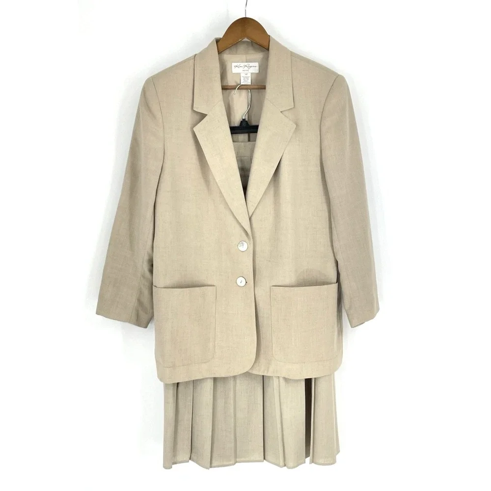 Kim Rogers Womens Skirt Suit Tan Jacket 14P Pleated‎ Skirt 16 Linen Blend